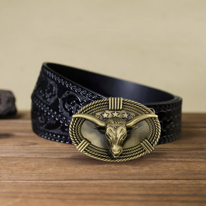 Cintura in pelle fai da te da uomo con fibbia a testa di toro a cinque stelle retrò - Bronzo antico - Cintura nera intagliata (40) - image 7