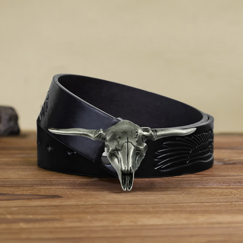 Cintura in pelle con fibbia a forma di toro Longhorn Western fai da te da uomo - Argento antico - Cintura aquila in rilievo nera (40) - image 6