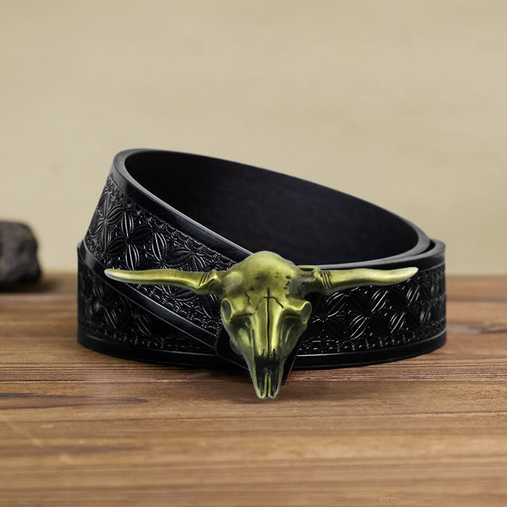 Cintura in pelle con fibbia a forma di toro Longhorn Western fai da te da uomo - Bronzo antico - Cintura in tessuto goffrato nero (40) - image 15