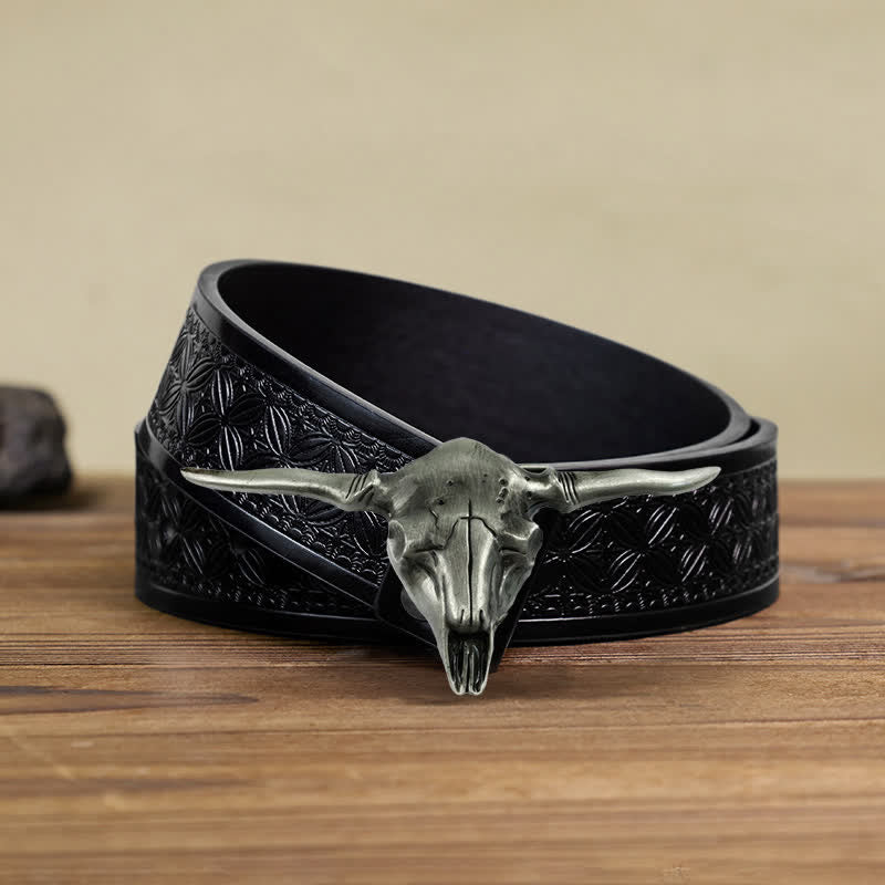 Cintura in pelle con fibbia a forma di toro Longhorn Western fai da te da uomo - Argento antico - Cintura in tessuto goffrato nero (40) - image 7