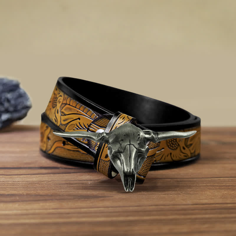 Cintura in pelle con fibbia a forma di toro Longhorn Western fai da te da uomo - Argento antico - Cintura marrone sabbia (40) - image 10