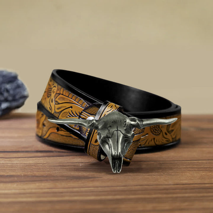 Cintura in pelle con fibbia a forma di toro Longhorn Western fai da te da uomo - Argento antico - Cintura marrone sabbia (40) - image 10