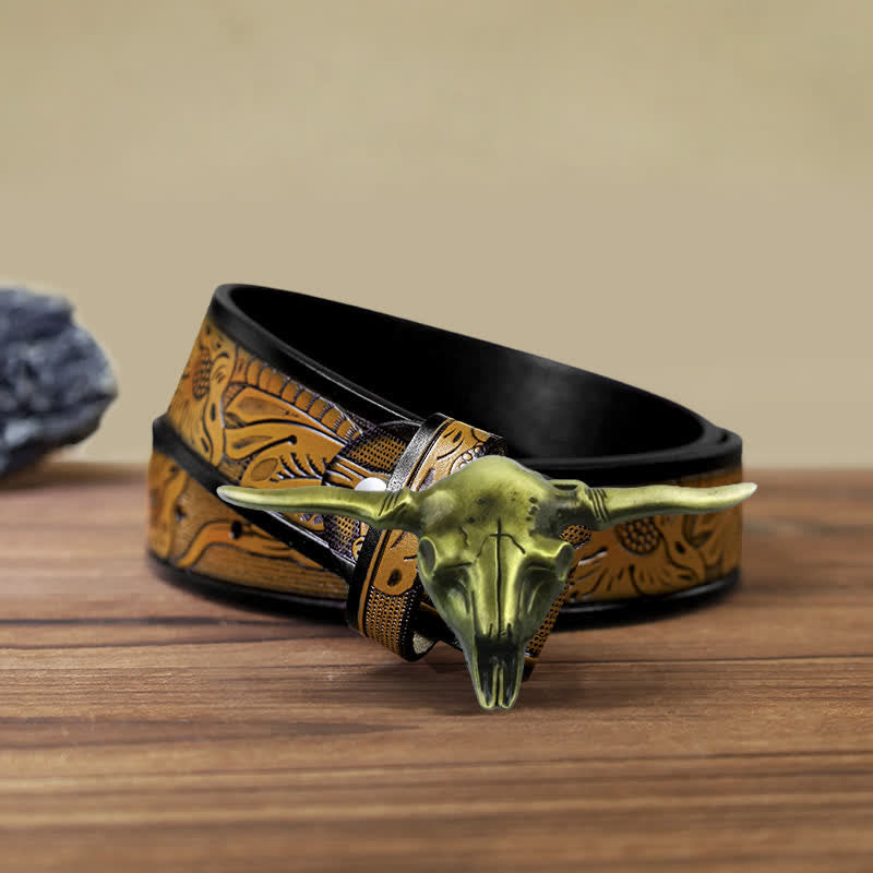 Cintura in pelle con fibbia a forma di toro Longhorn Western fai da te da uomo - Bronzo antico - Cintura marrone sabbia (40) - image 18