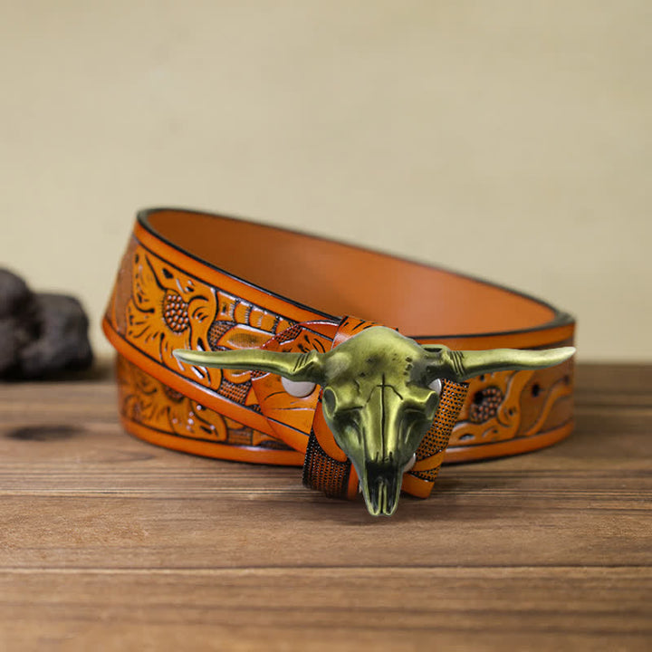 Cintura in pelle con fibbia a forma di toro Longhorn Western fai da te da uomo - Bronzo antico - Cintura intagliata arancione (40) - image 19