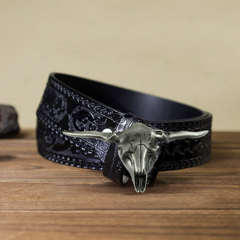 Cintura in pelle con fibbia a forma di toro Longhorn Western fai da te da uomo - Argento antico - Cintura nera intagliata (40) - image 8