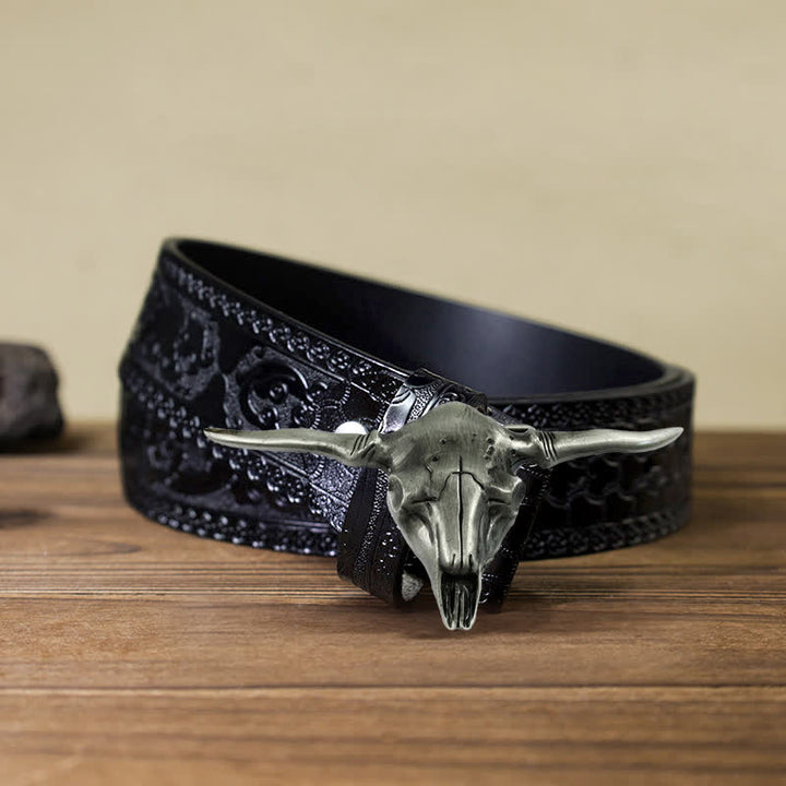 Cintura in pelle con fibbia a forma di toro Longhorn Western fai da te da uomo - Argento antico - Cintura nera intagliata (40) - image 8