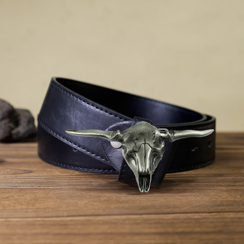Cintura in pelle con fibbia a forma di toro Longhorn Western fai da te da uomo - Argento antico - Cintura PU nera (40) - image 5