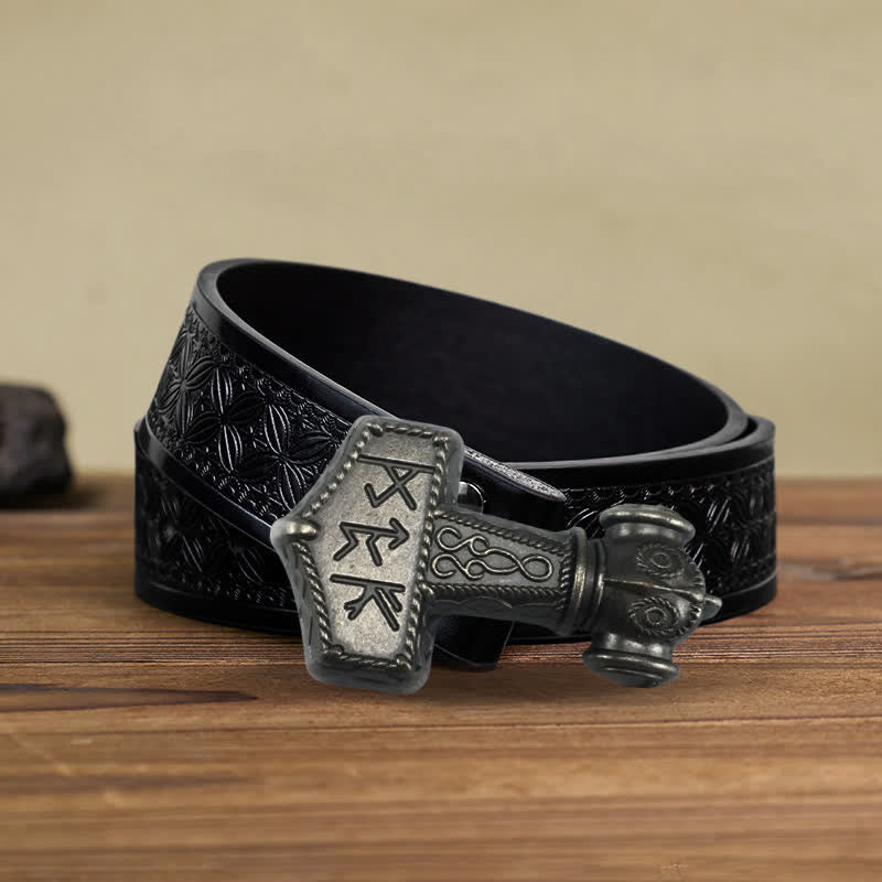 Cintura in pelle con fibbia a martello vichinga brutale fai da te da uomo - Argento antico - Cintura in tessuto goffrato nero (40) - image 12