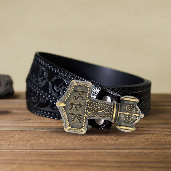Cintura in pelle con fibbia a martello vichinga brutale fai da te da uomo - Bronzo antico - Cintura nera intagliata (40) - image 5