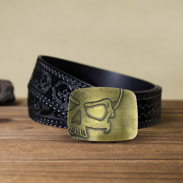 Cintura in pelle con fibbia a forma di teschio in bronzo goffrato fai da te da uomo - Cranio - Cintura nera intagliata (40) - image 6
