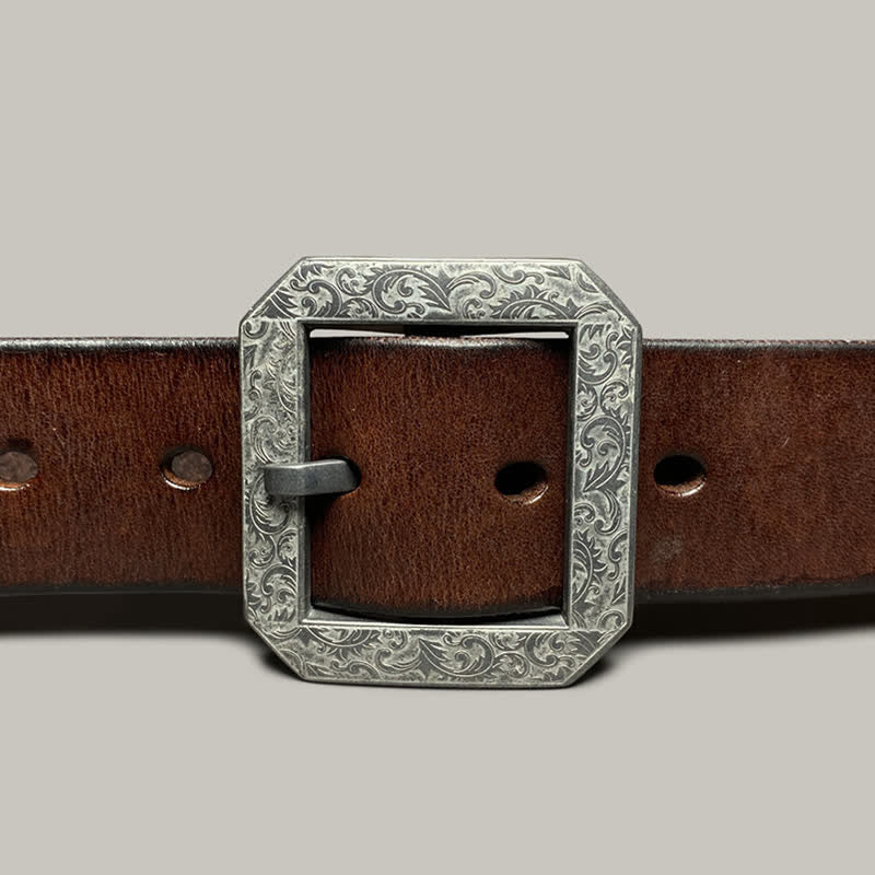 Cintura in pelle con fibbia incisa floreale quadrata per pantaloni