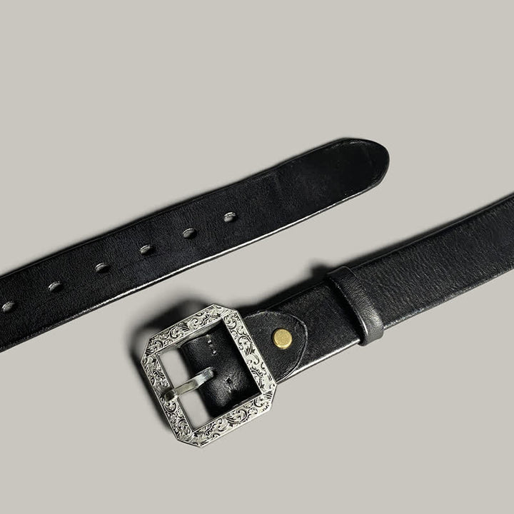 Cintura in pelle con fibbia incisa floreale quadrata per pantaloni