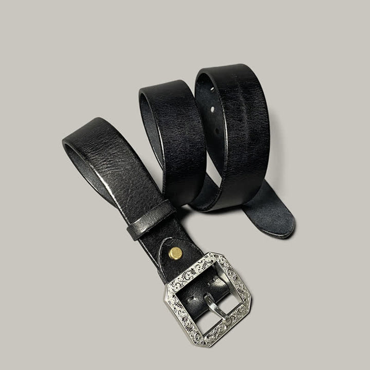 Cintura in pelle con fibbia incisa floreale quadrata per pantaloni
