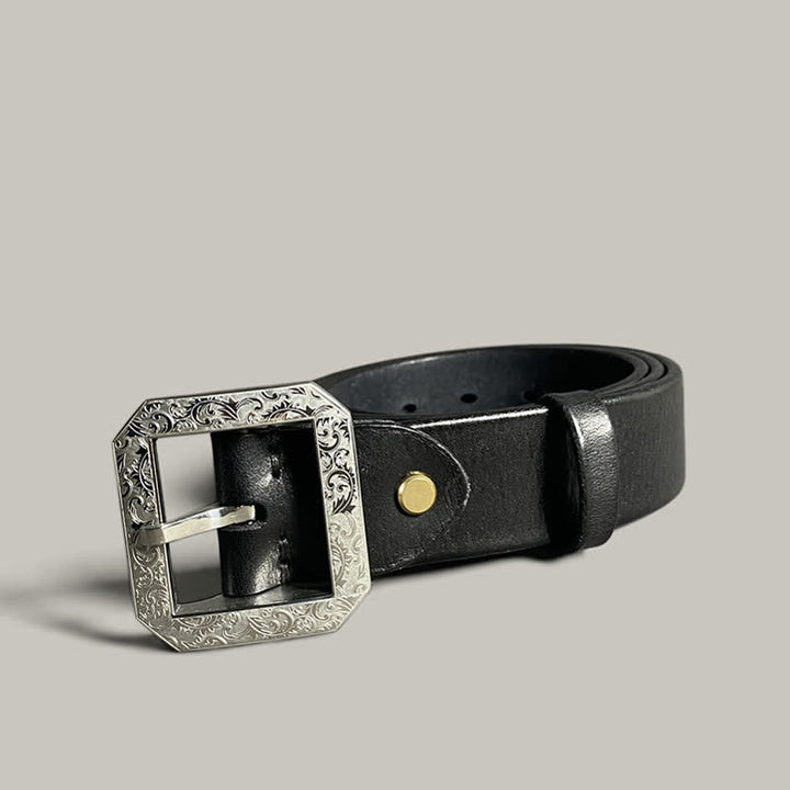 Cintura in pelle con fibbia incisa floreale quadrata per pantaloni