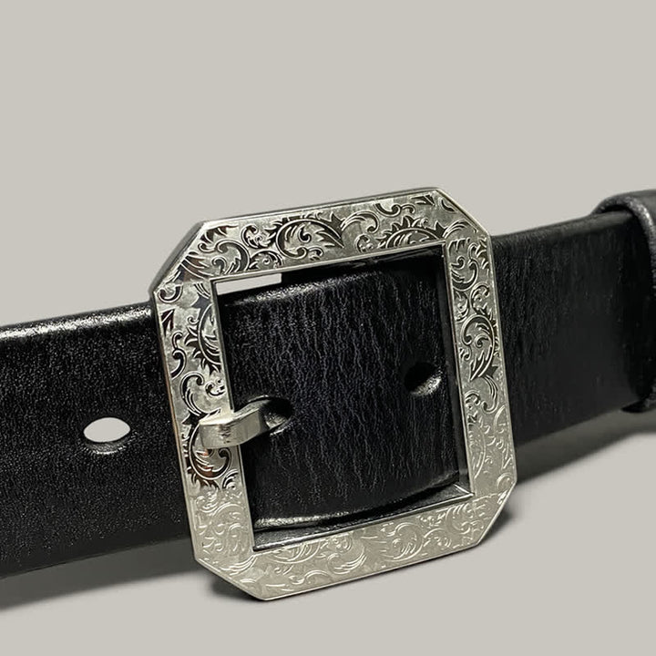 Cintura in pelle con fibbia incisa floreale quadrata per pantaloni