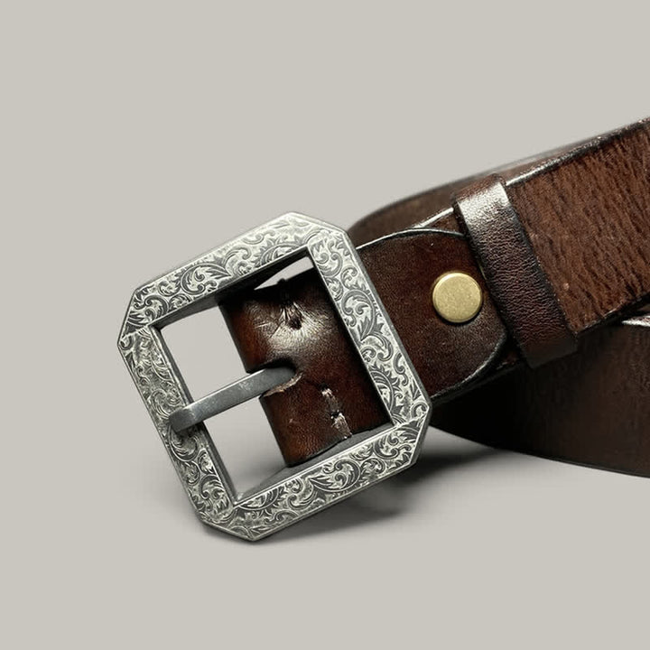 Cintura in pelle con fibbia incisa floreale quadrata per pantaloni