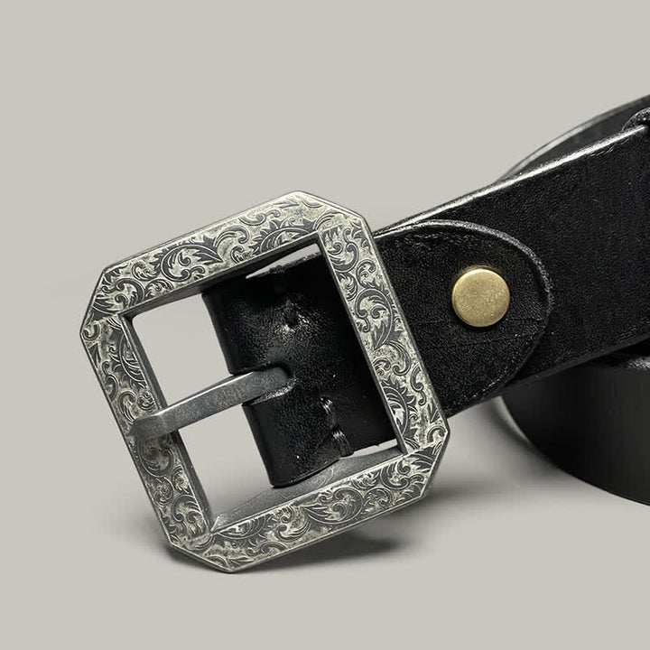 Cintura in pelle con fibbia incisa floreale quadrata per pantaloni