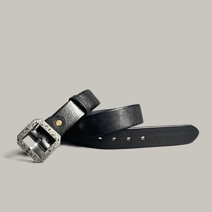 Cintura in pelle con fibbia incisa floreale quadrata per pantaloni