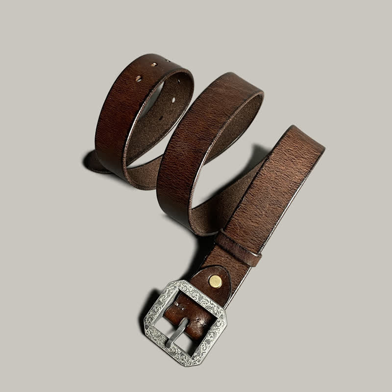 Cintura in pelle con fibbia incisa floreale quadrata per pantaloni