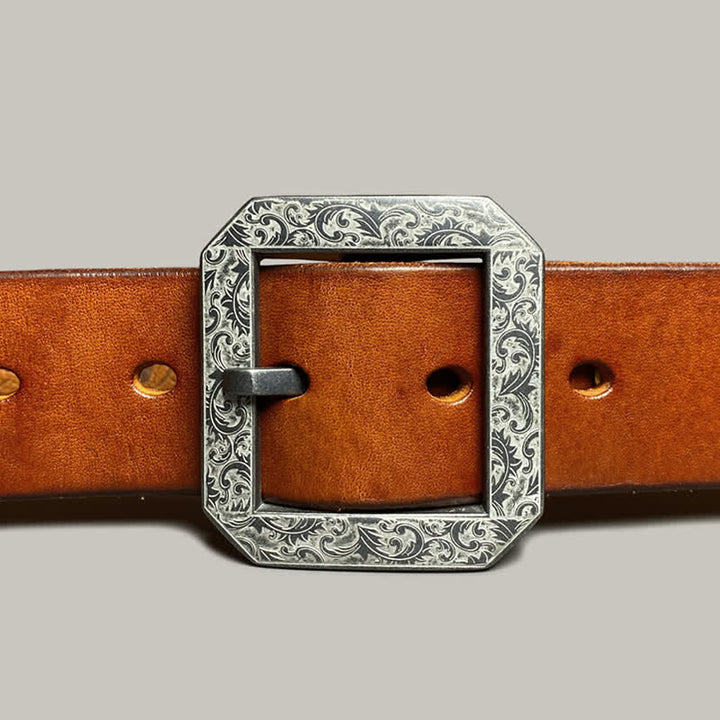 Cintura in pelle con fibbia incisa floreale quadrata per pantaloni