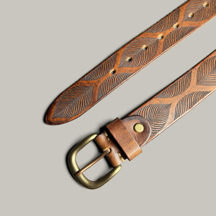 Cintura in pelle goffrata personalizzata con foglie di piante invecchiate