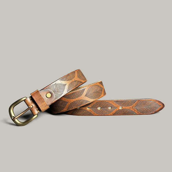 Cintura in pelle goffrata personalizzata con foglie di piante invecchiate