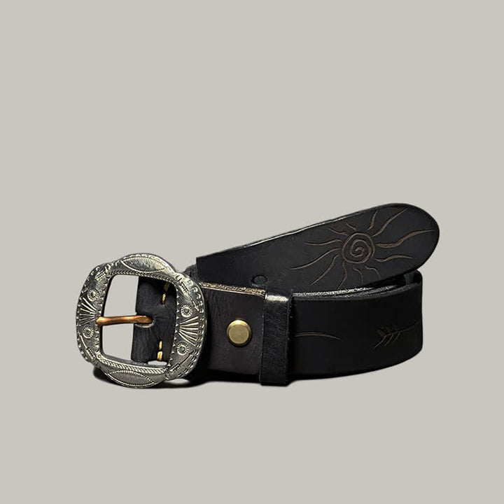 Cintura in pelle con fibbia argentata e motivo sole in rilievo retrò - Nero - 44 - image 18
