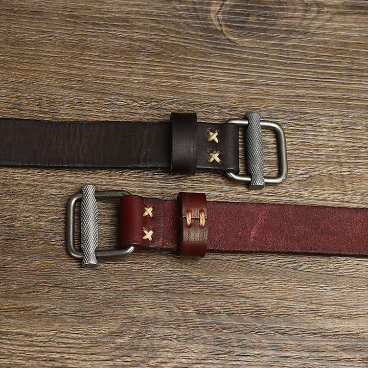 Cintura in pelle con fibbia liscia regolabile e effetto invecchiato retrò - image 2