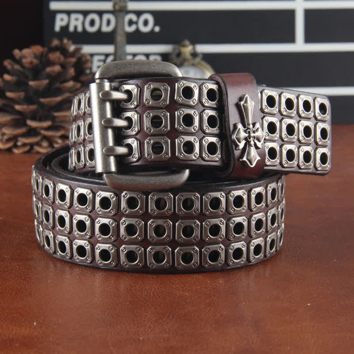 Cintura in pelle con borchie incrociate a tre file, elegante