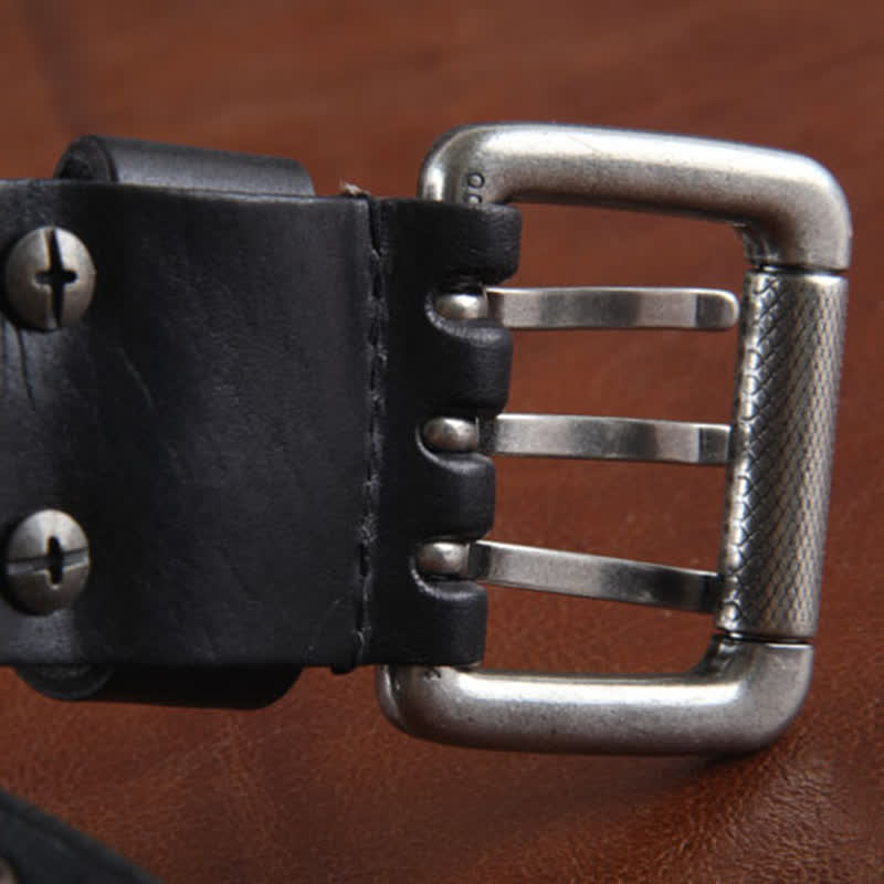 Cintura in pelle con borchie incrociate a tre file, elegante