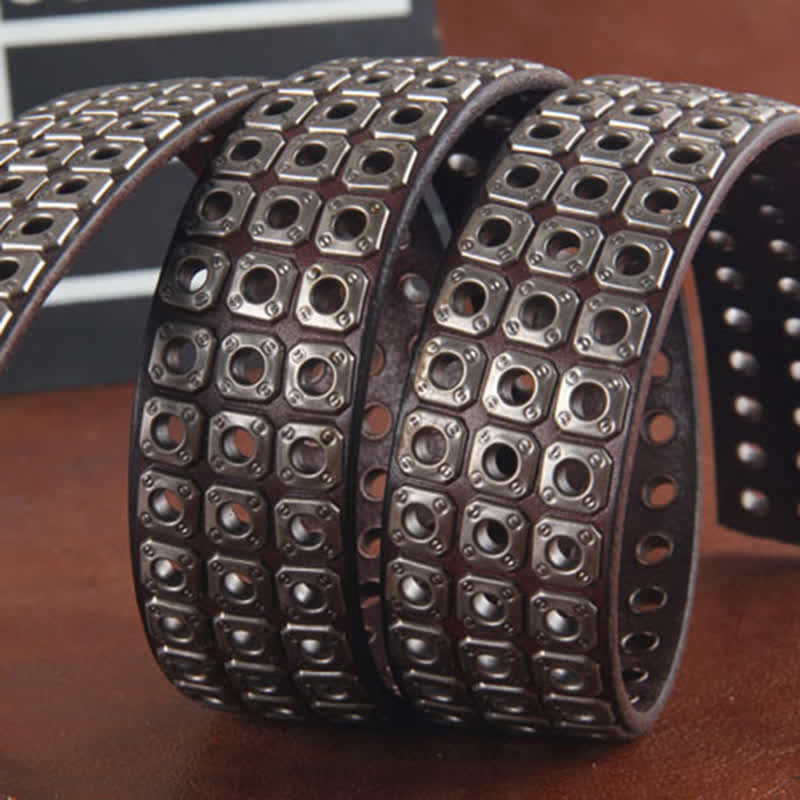 Cintura in pelle con borchie incrociate a tre file, elegante