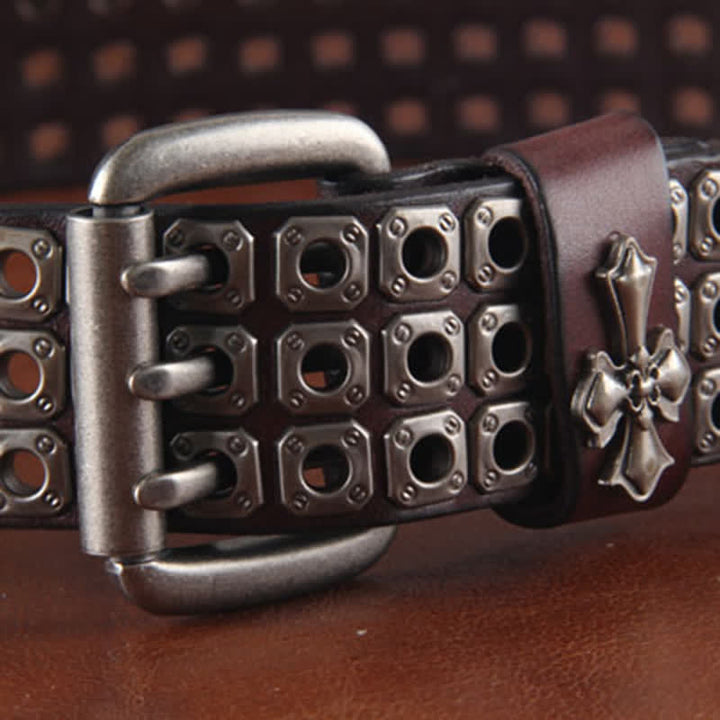 Cintura in pelle con borchie incrociate a tre file, elegante