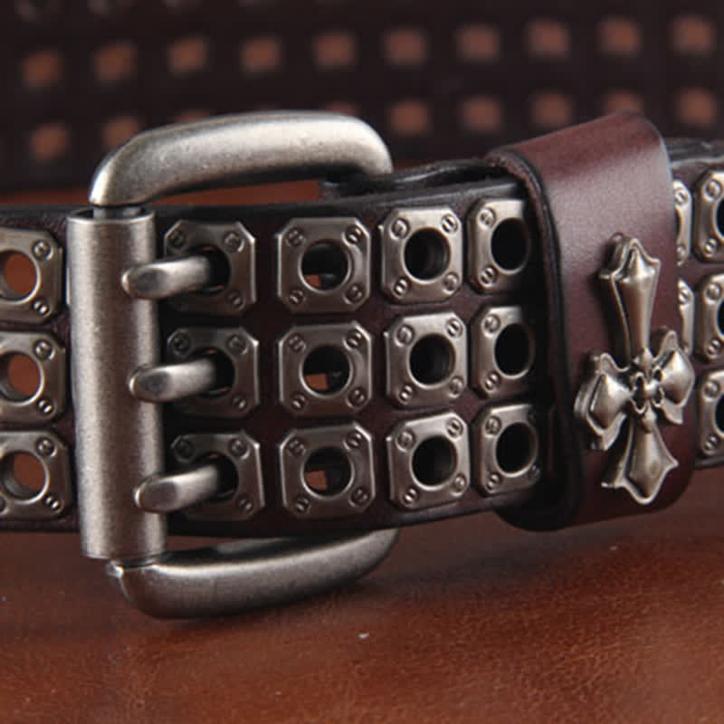Cintura in pelle con borchie incrociate a tre file, elegante - image 1