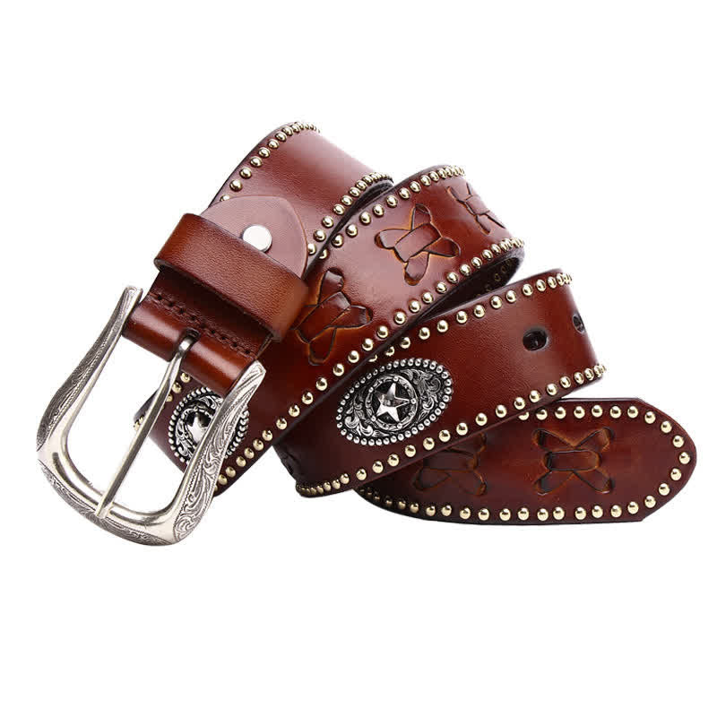 Cintura in pelle con borchie a stella a cinque punte in stile Weathern - Marrone - 44 - image 10