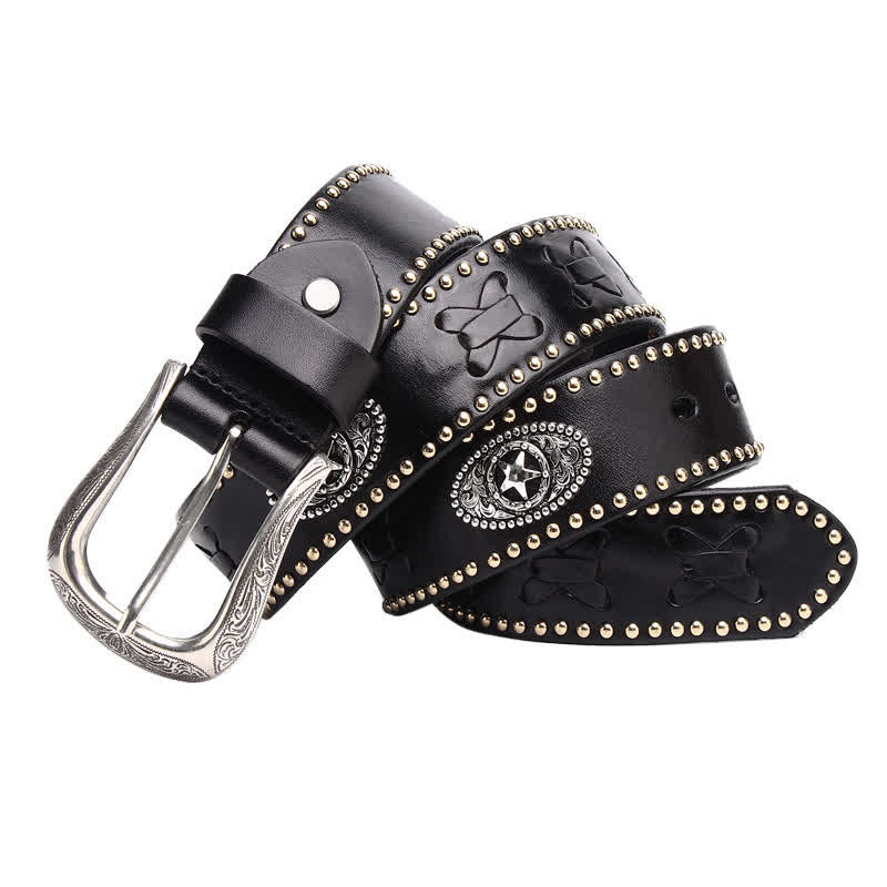 Cintura in pelle con borchie a stella a cinque punte in stile Weathern - Nero - 44 - image 0
