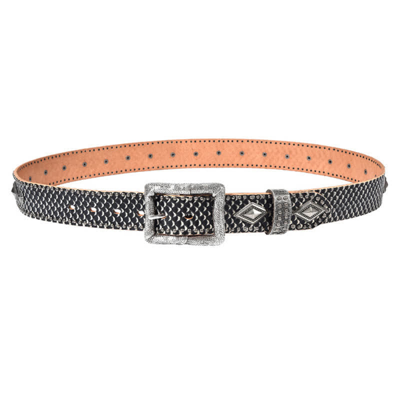 Cintura in pelle con rivetti e motivo a pelle di serpente con personalità
