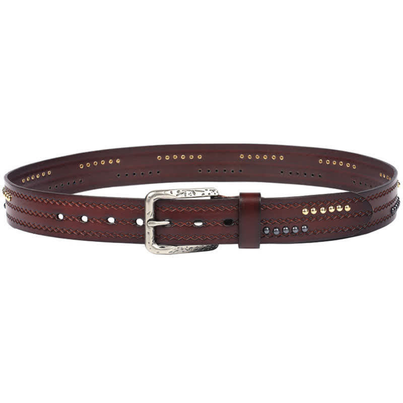 Cintura in pelle con motivo in rilievo e punto fantasia con rivetto rotondo - image 13