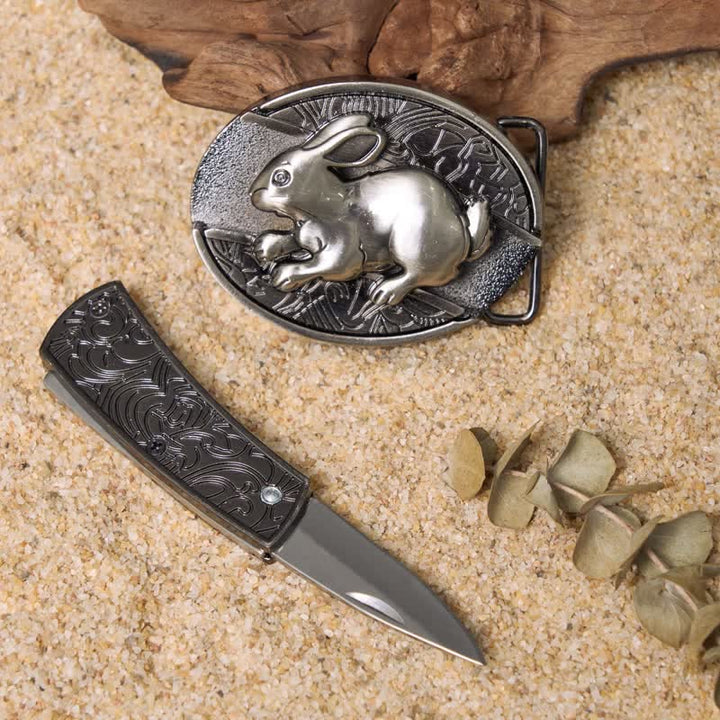 Set di fibbie per cintura in pelle con coltello pieghevole nascosto fai da te "Animali giocosi"