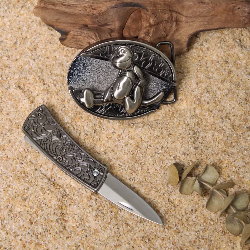 Set di fibbie per cintura in pelle con coltello pieghevole nascosto fai da te "Animali giocosi"