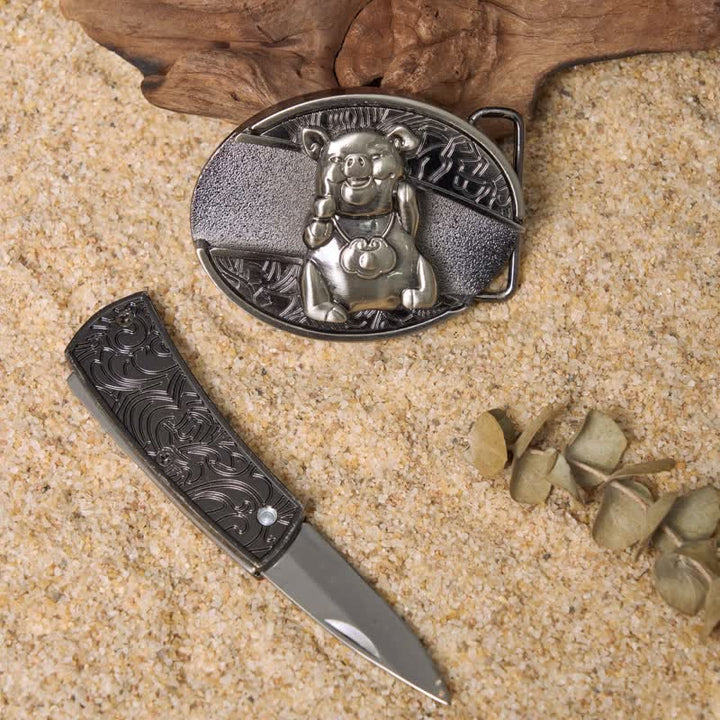 Set di fibbie per cintura in pelle con coltello pieghevole nascosto fai da te "Animali giocosi"