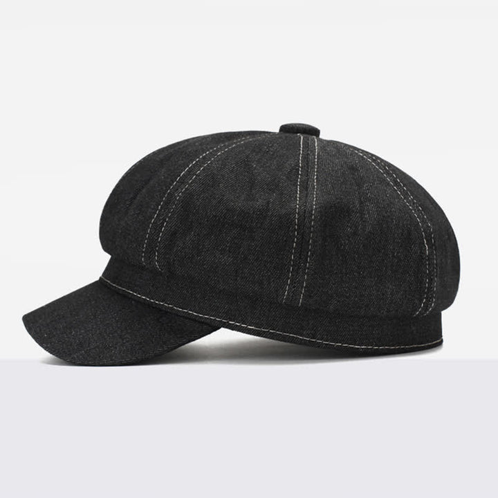 Cappello basco con visiera da giornalaio in denim con linea bianca