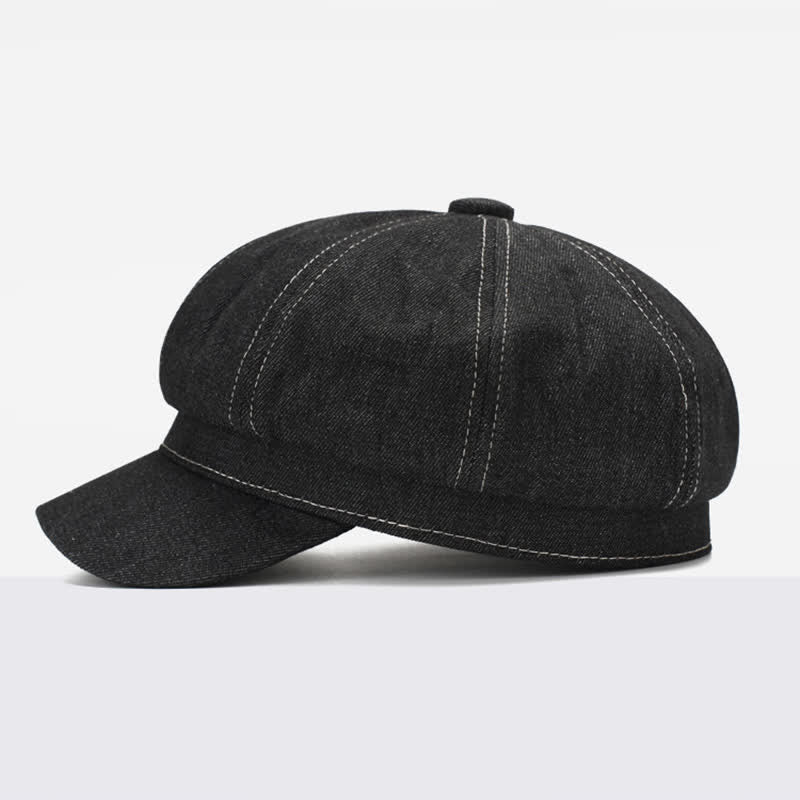 Cappello basco con visiera da giornalaio in denim con linea bianca - image 4