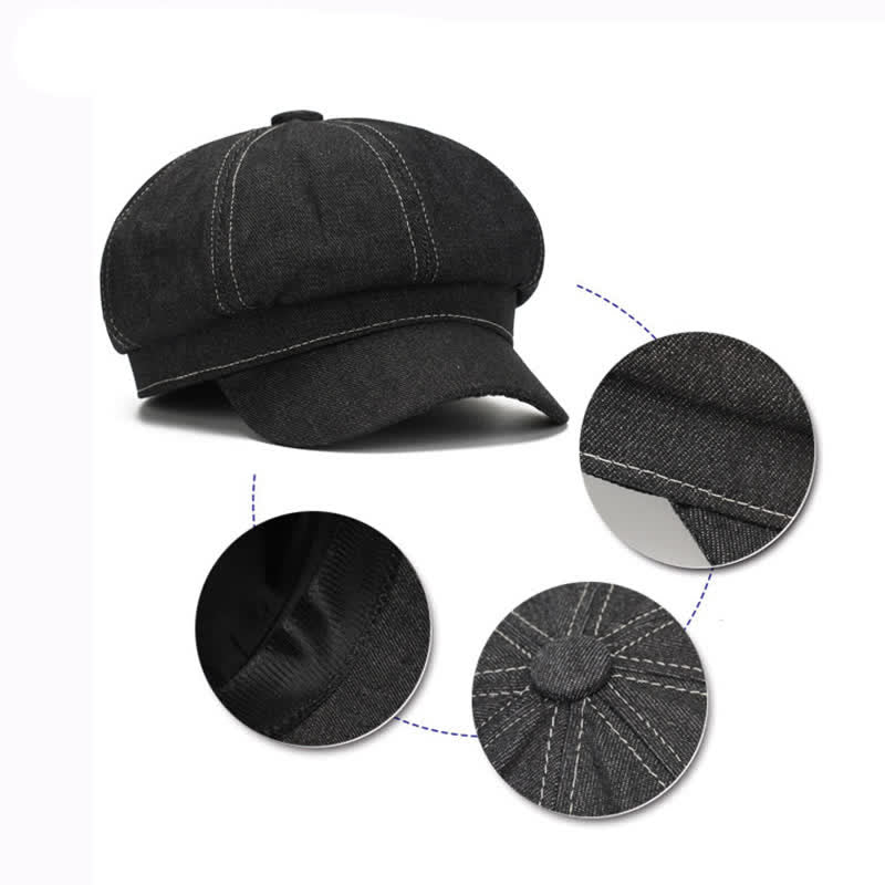 Cappello basco con visiera da giornalaio in denim con linea bianca - image 8