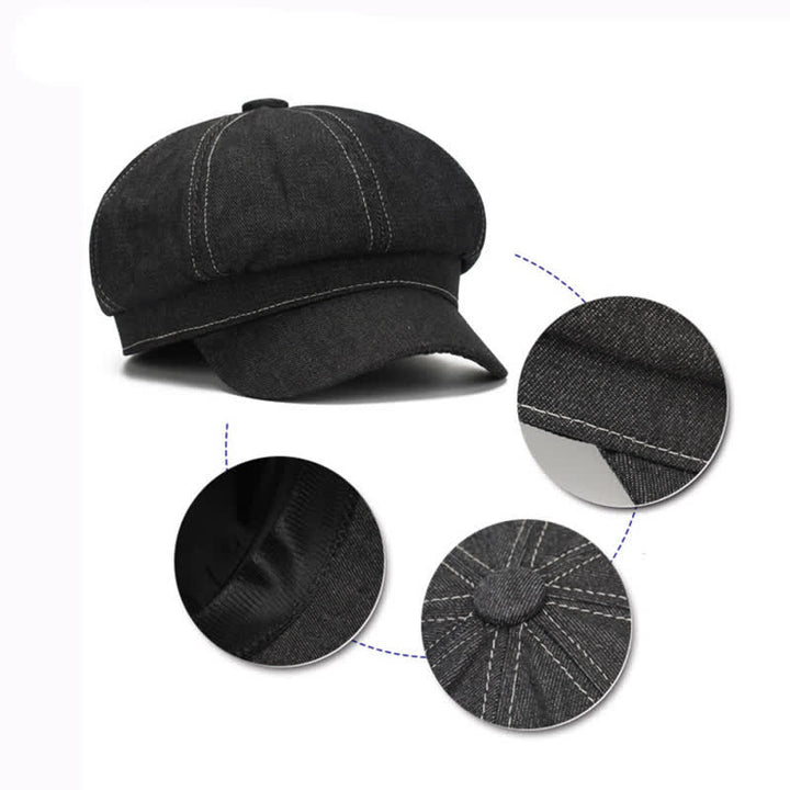 Cappello basco con visiera da giornalaio in denim con linea bianca - image 8