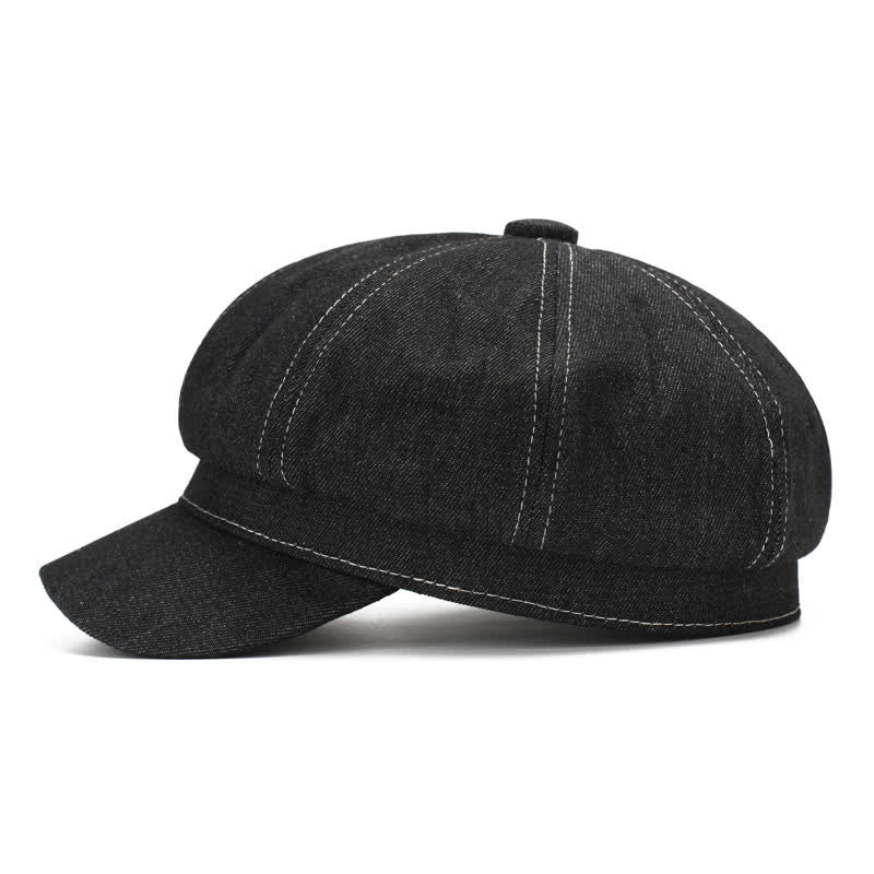 Cappello basco con visiera da giornalaio in denim con linea bianca - image 1