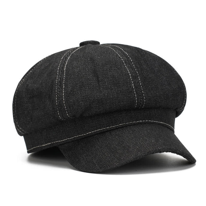 Cappello basco con visiera da giornalaio in denim con linea bianca