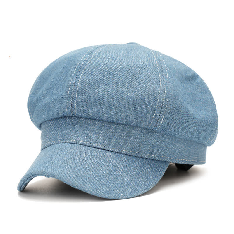 Cappello basco con visiera da giornalaio in denim con linea bianca