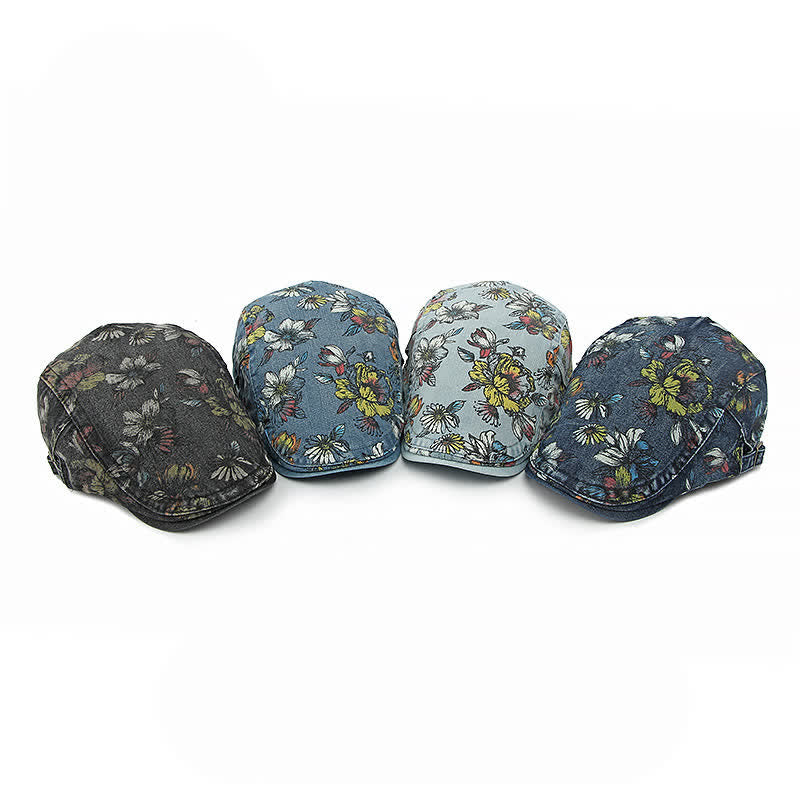 Cappello basco piatto in denim con stampa floreale alla moda
