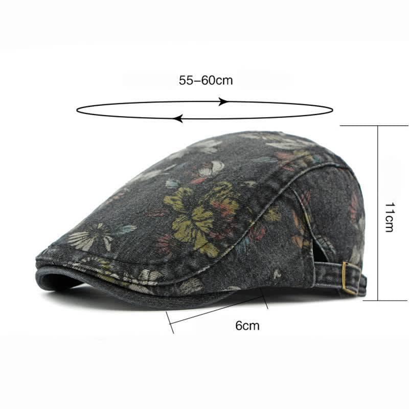 Cappello basco piatto in denim con stampa floreale alla moda
