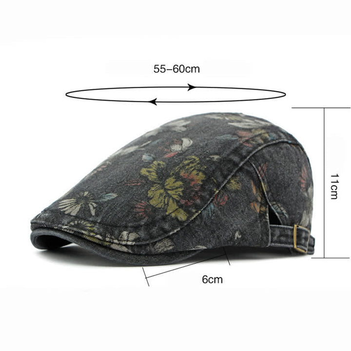 Cappello basco piatto in denim con stampa floreale alla moda
